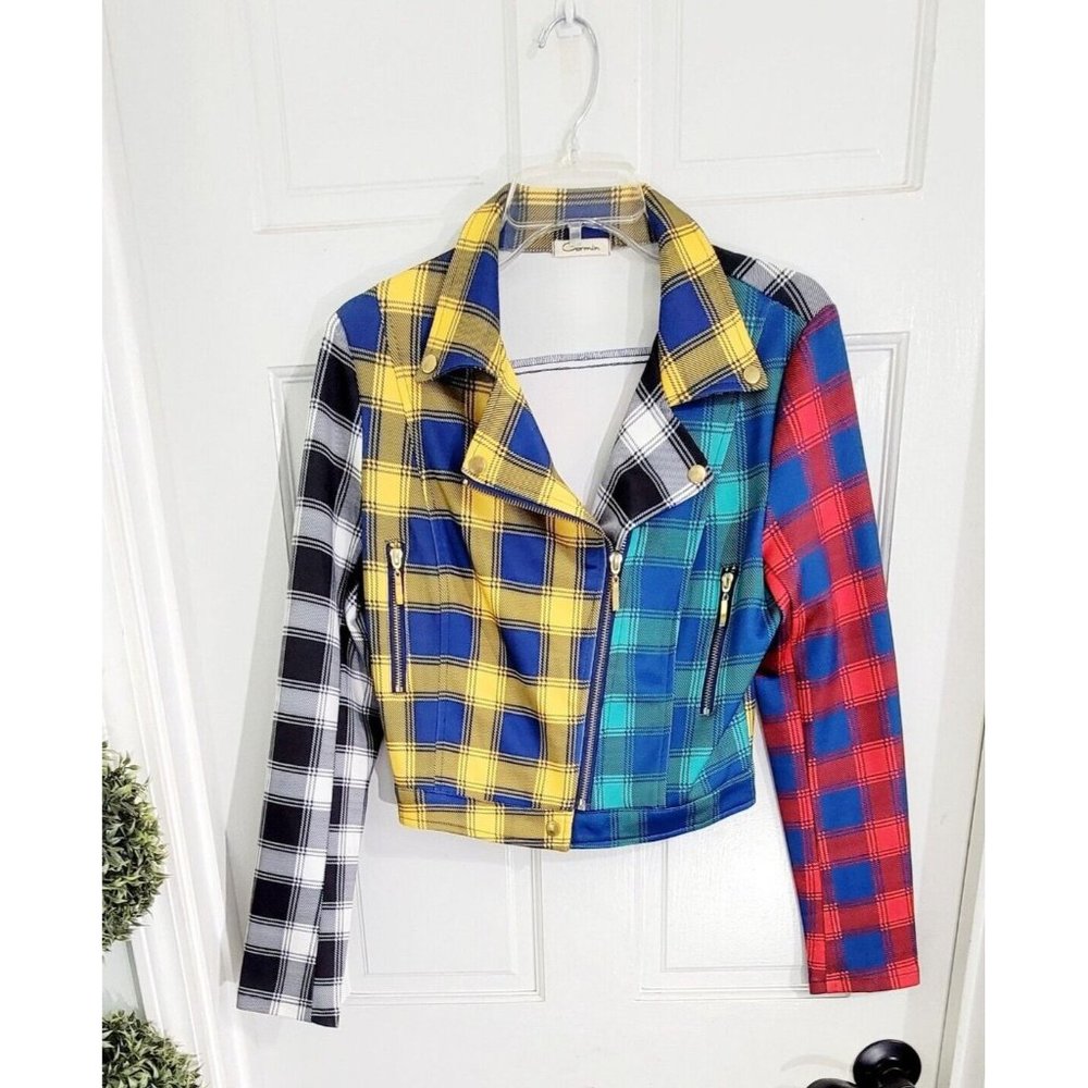 Carmin Women's Tartan Color Block Long Sleeve Patched Plaid Flannel Large - Picture 1 of 15